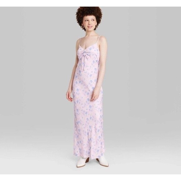 Wild Fable Floral Slip Maxi Dress Size M Pink Cottage Ruched Front Coquette - Picture 1 of 10